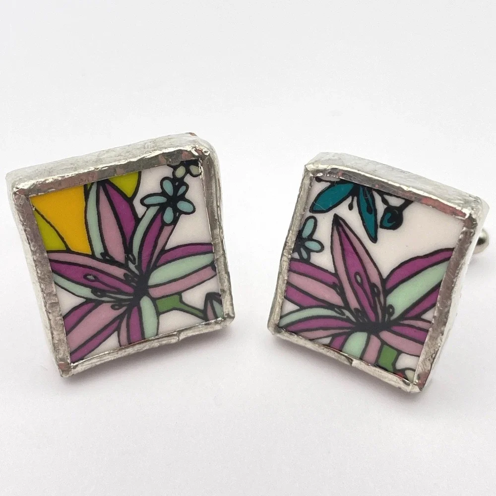 Artisan Made Ceramic Floral Silver Cufflinks Handmade - Picture 1 of 10